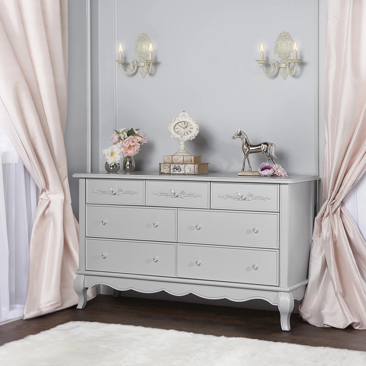 Evolur Aurora 7-Drawer Double Dresser in Ivory Lace, Spacious Drawers