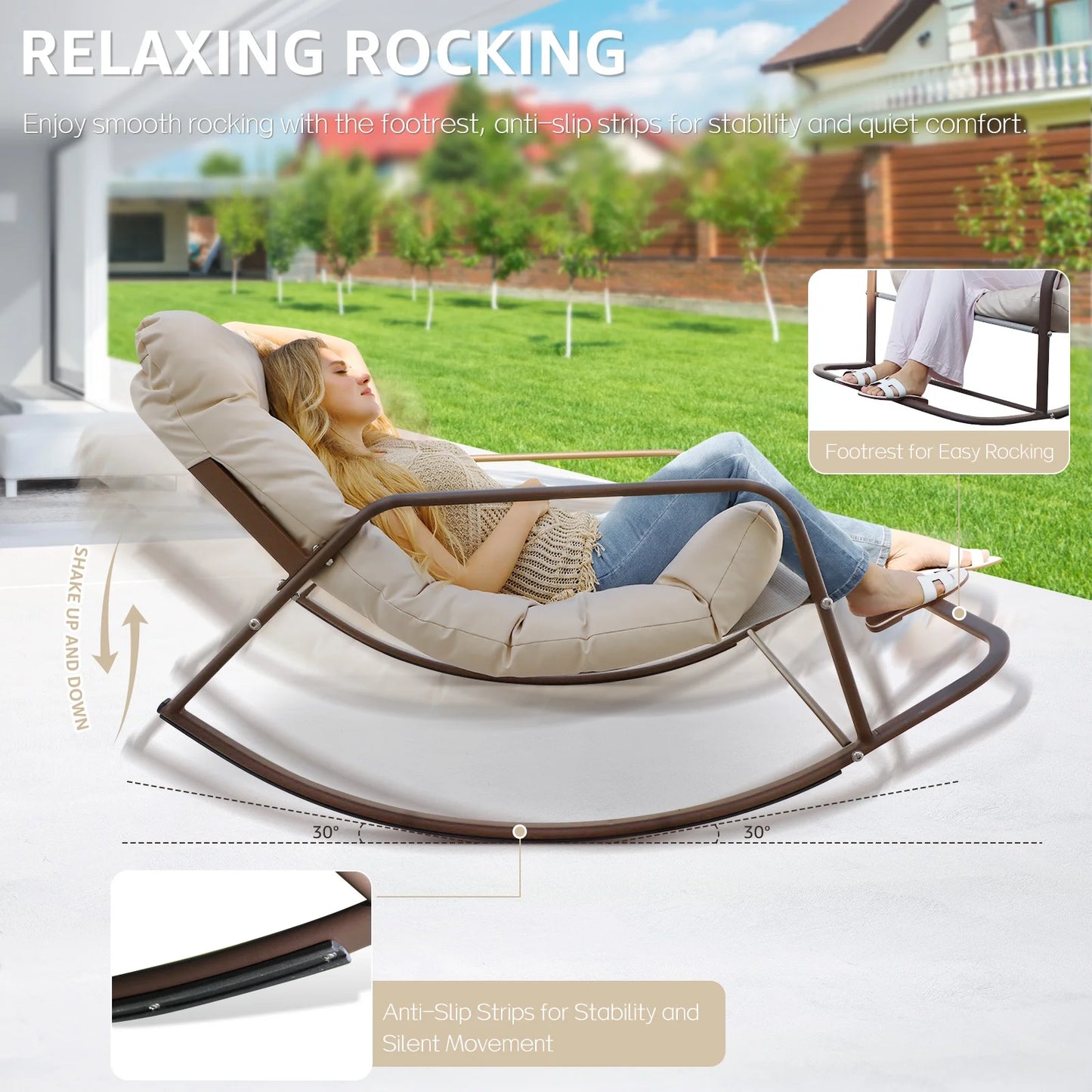 RADIATA Oversized Rocking Chair with Footrest, RADIATA Patio Papasan Rocking Recliner for Indoor Outdoor Use, Heavy Duty Wicker Lounge Chair, 450lbs, Beige