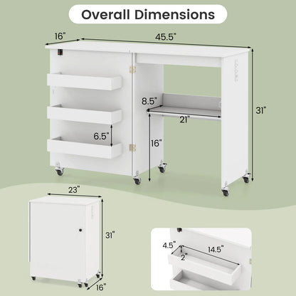 Costway Folding Sewing Table Rolling Craft Station with 3 Storage Bins & Charging Station White+natural