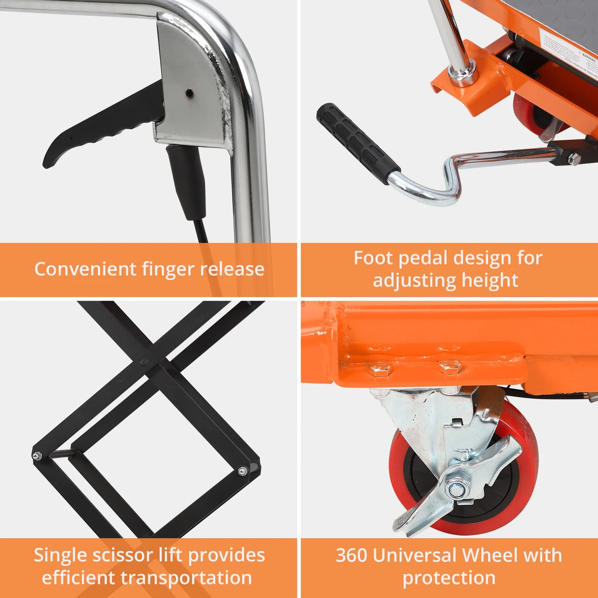 Hydraulic Lift Table Cart - 770 lbs Capacity, Adjustable Up to 59" Lifting Height, Manual Double Scissor Lift Table with 4 Wheels & 3mm Non-Slip Pads for Safe Material Handling & Transport, Orange