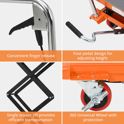 Hydraulic Lift Table Cart - 770 lbs Capacity, Adjustable Up to 59" Lifting Height, Manual Double Scissor Lift Table with 4 Wheels & 3mm Non-Slip Pads for Safe Material Handling & Transport, Orange