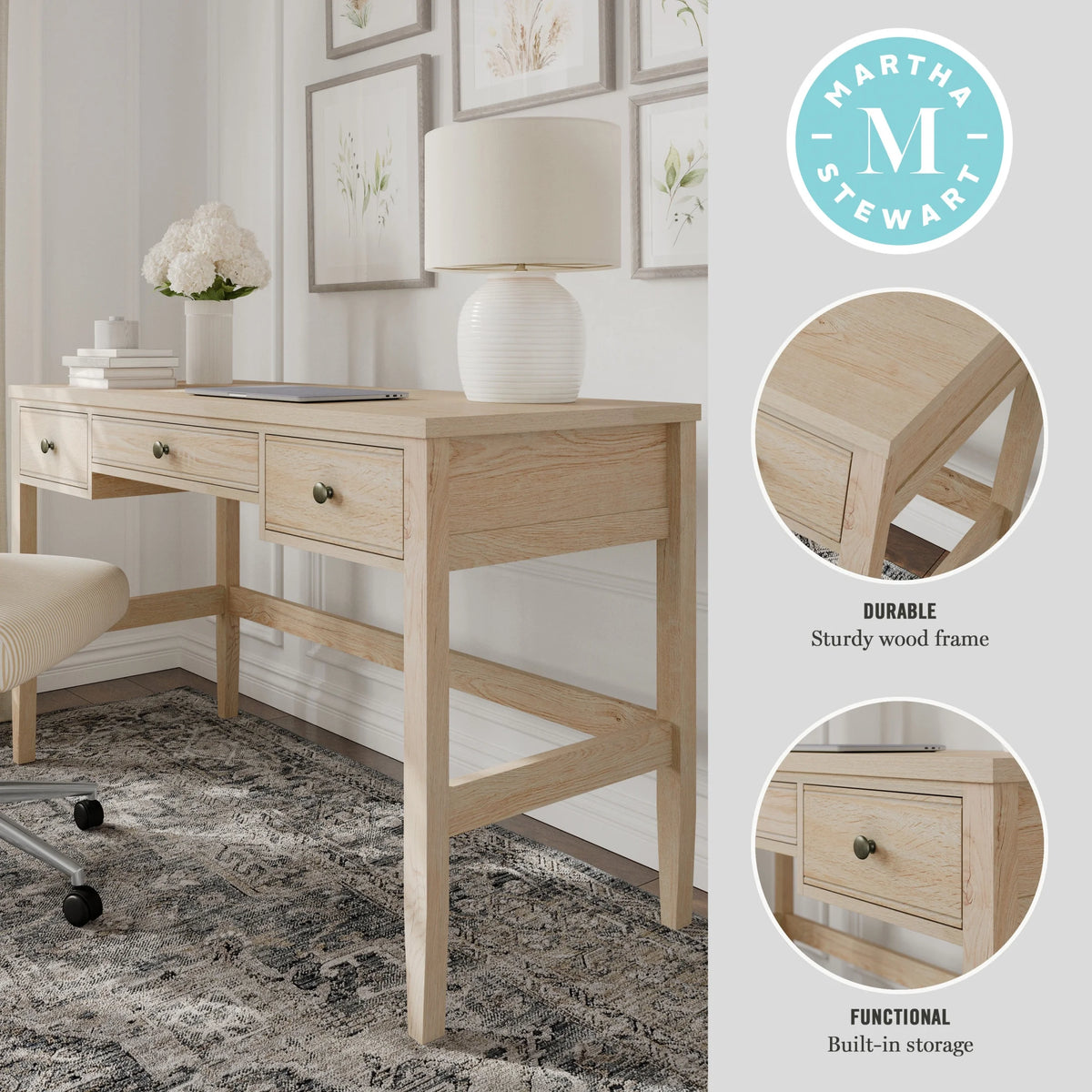 Martha Stewart Home Office Writing Desk with Tapered Legs in Light Natural with Antique Bronze Hardware