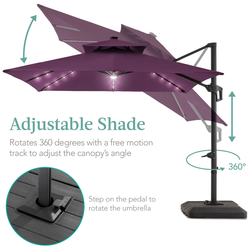 Best Choice Products 10x10ft 2-Tier Square Outdoor Solar LED Cantilever Patio Umbrella w/ Base Included - Tan