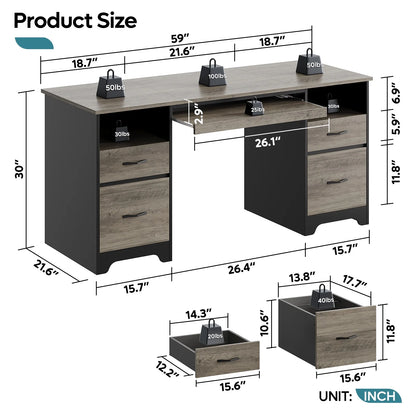 Bestier 59�� Computer Desk with 4 Drawers, Office Executive Desk with File Drawer, Keyboard Tray for Home Office, Gray