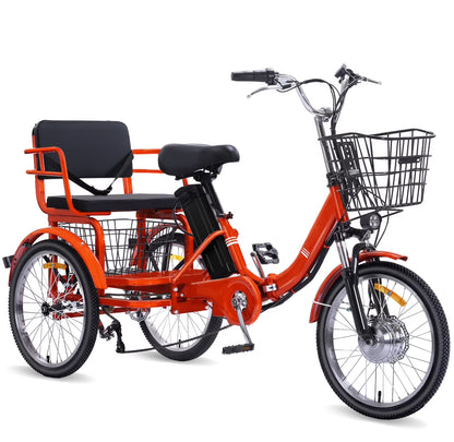 NOMIGO Electric Tricycle for Adults Folding Electric Trike 3 Wheel Electric Trike with Two-seater Large Basket Super Powerful Brushless 350W Motor 48V13AH Lithium Battery Max 20MPH E-Tricycle Orange