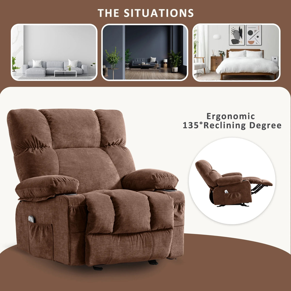 JONPONY Manual Recliner Chair with Heat Therapy and Massage Function, Heavy Duty Reclining Mechanism Massage Chair, Elderly Single Rocker Sofa with Cup Holders for Bedroom Home Theater,Grey