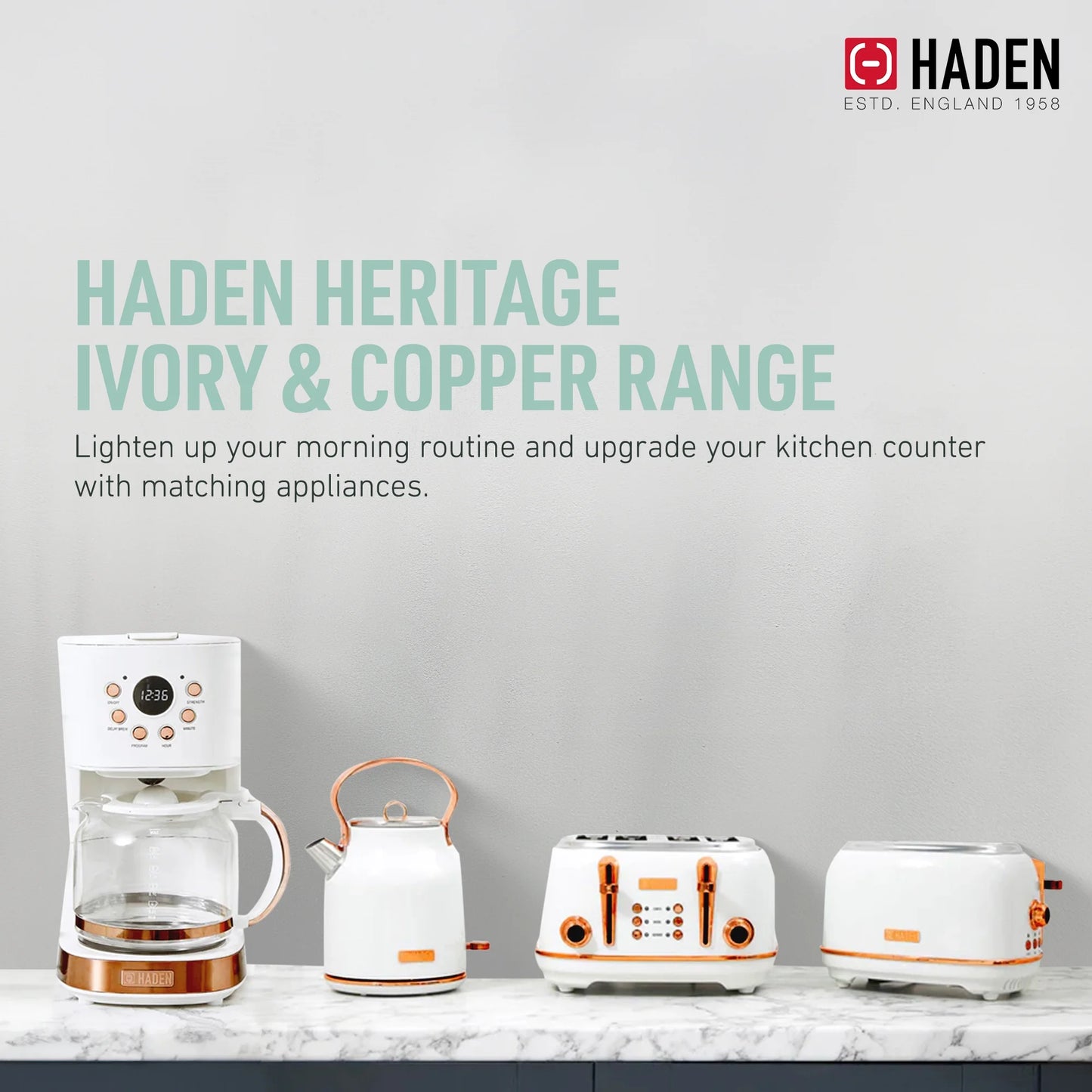 Haden Heritage 1500 1.7 Electric Kettle, Matte Black Finish with Copper Accents
