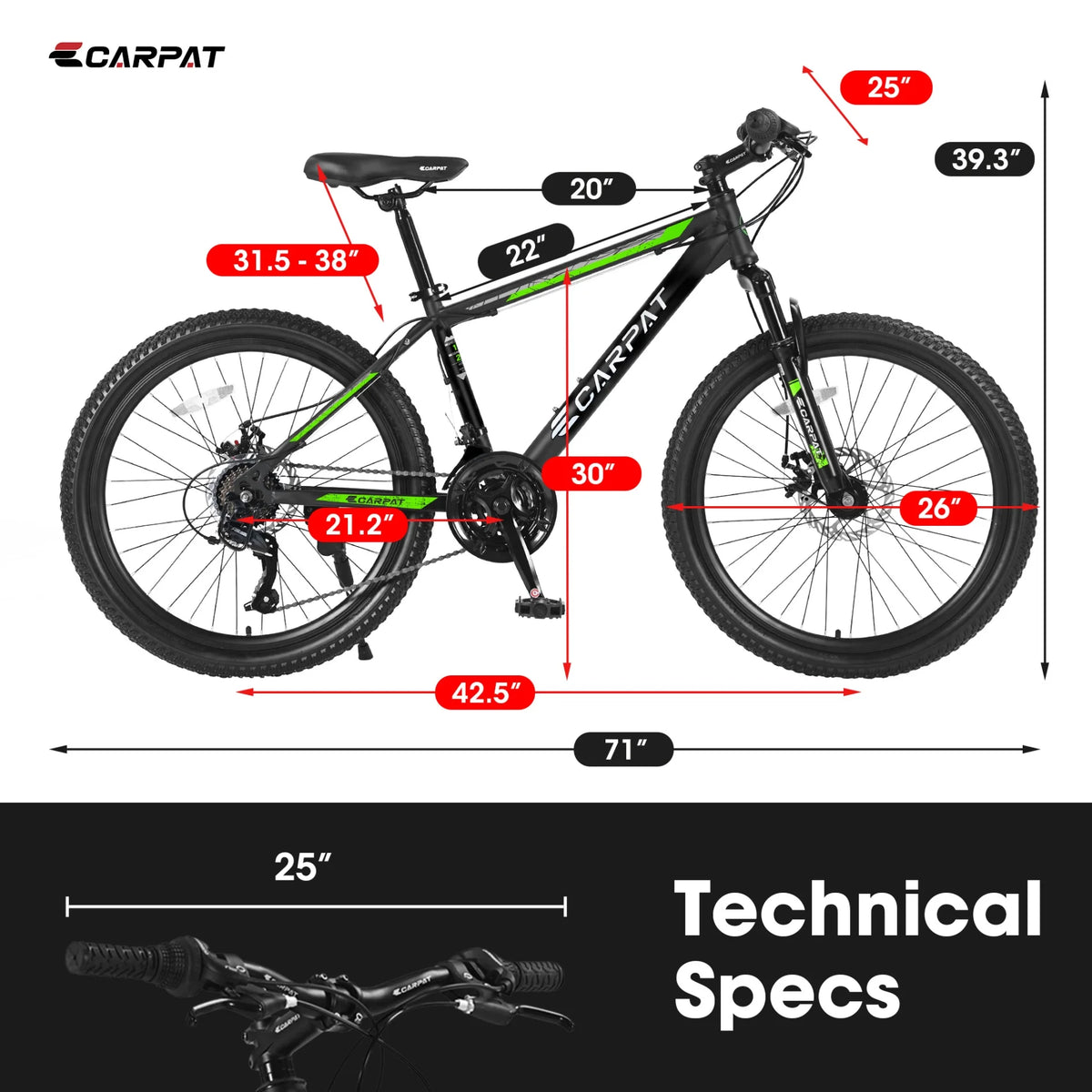 26 Inch Mountain Bike 21 Speed With Dual Disc Brakes High Carbon Steel Frame For Adults All Terrain Commuter Bicycle For Trail Beach City Snow Riding Green