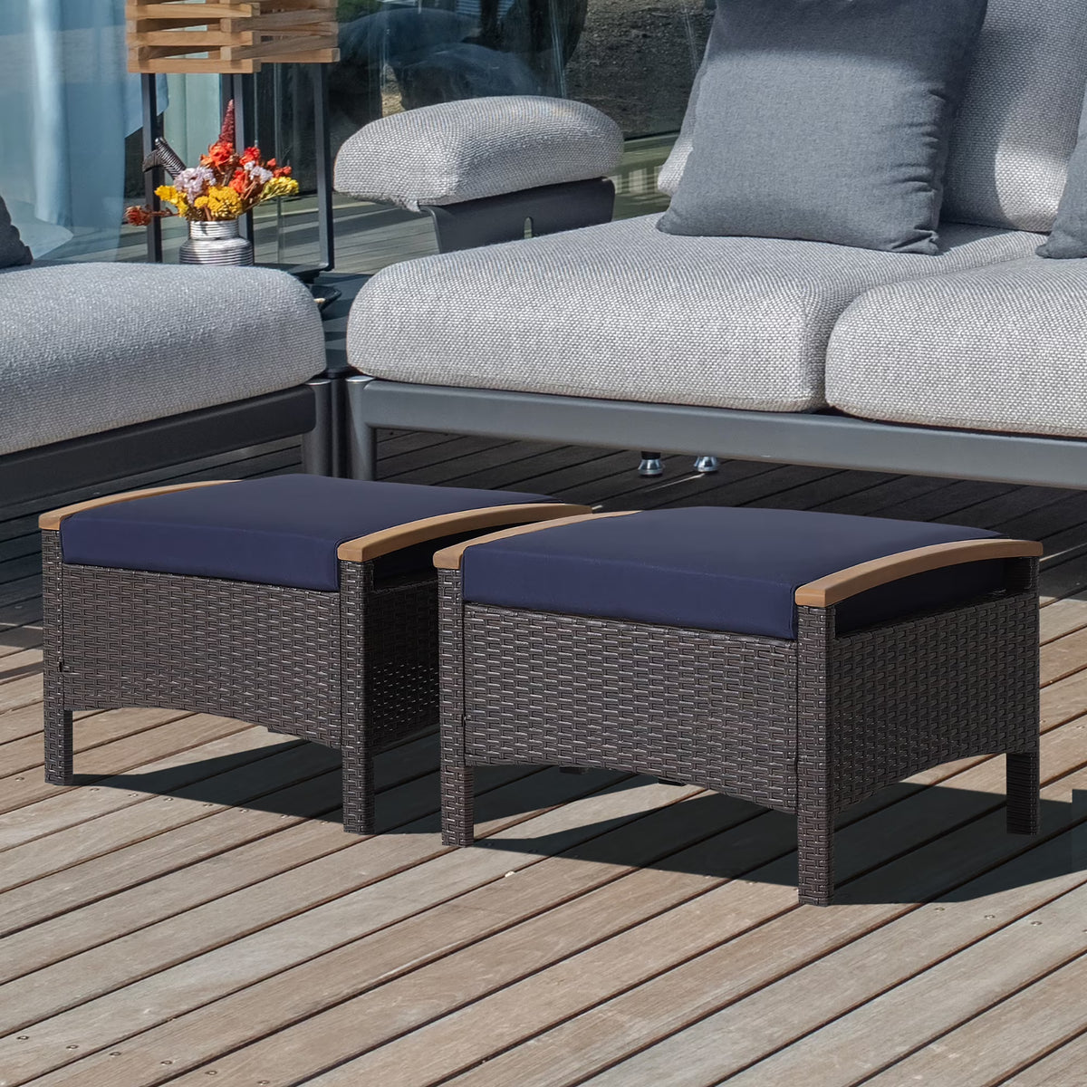 Costway Set of 2 Patio Rattan Ottoman Footrest Cushions Wooden Handle Beige