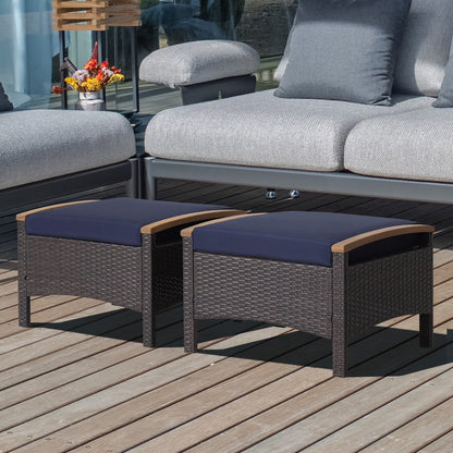 Costway Set of 2 Patio Rattan Ottoman Footrest Cushions Wooden Handle Beige