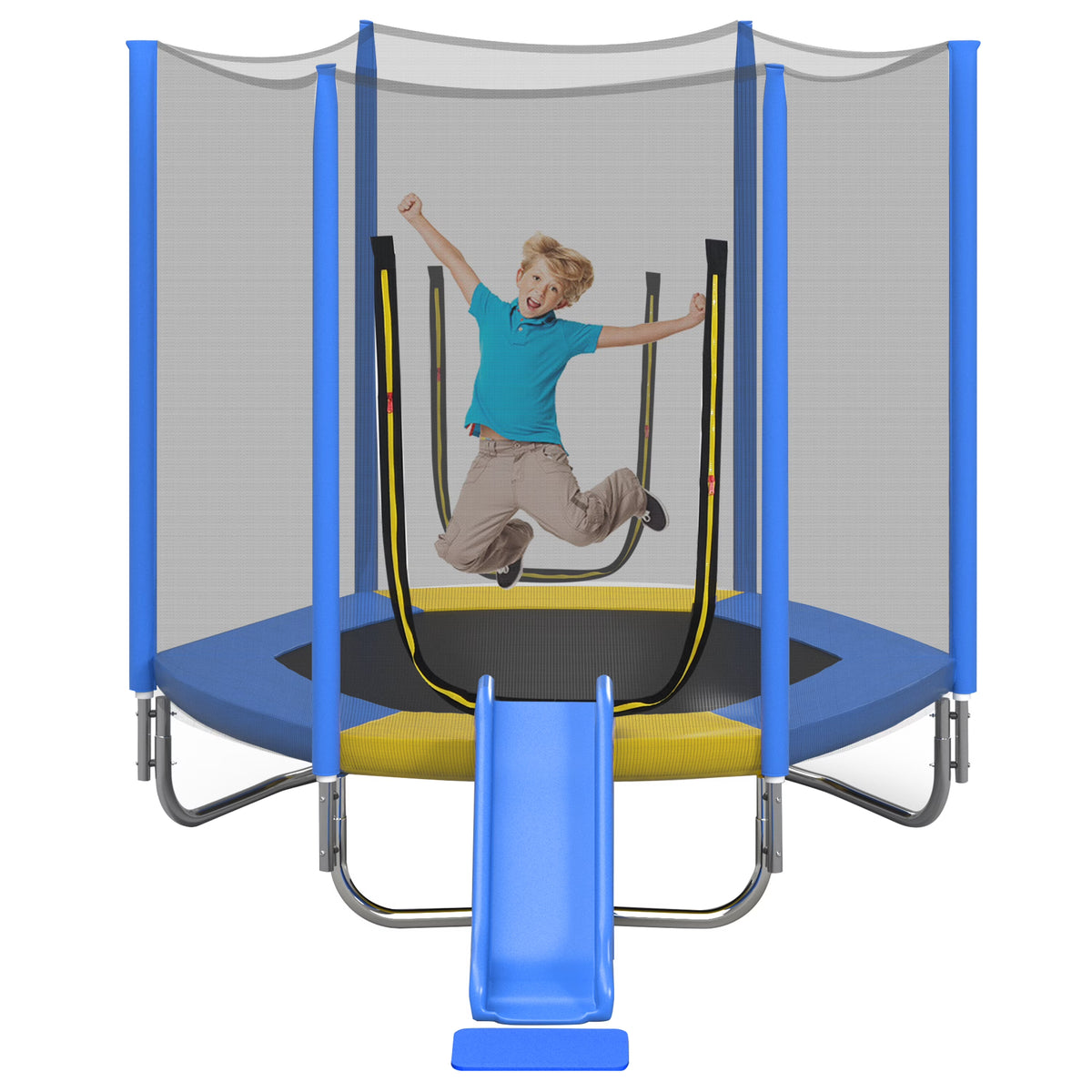 EUROCO  7FT Kids Trampoline with Safety Enclosure Net, Indoor Outdoor Trampoline with Slide,Ladder,Spring Pad,All-Weather Trampolines