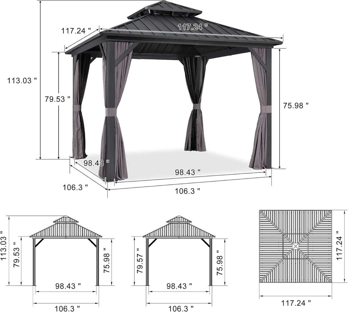 PURPLE LEAF 8' X 8' Gazebo Outdoor Gazebo Permanent Hardtop Gazebo with Galvanized Steel Double Roof for Patio Backyard Deck Aluminum Gazebo with Netting and Curtains Grey