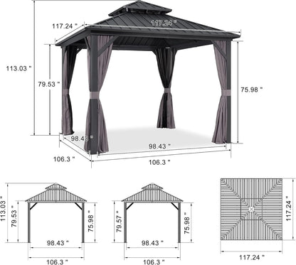 PURPLE LEAF 8' X 8' Gazebo Outdoor Gazebo Permanent Hardtop Gazebo with Galvanized Steel Double Roof for Patio Backyard Deck Aluminum Gazebo with Netting and Curtains Grey