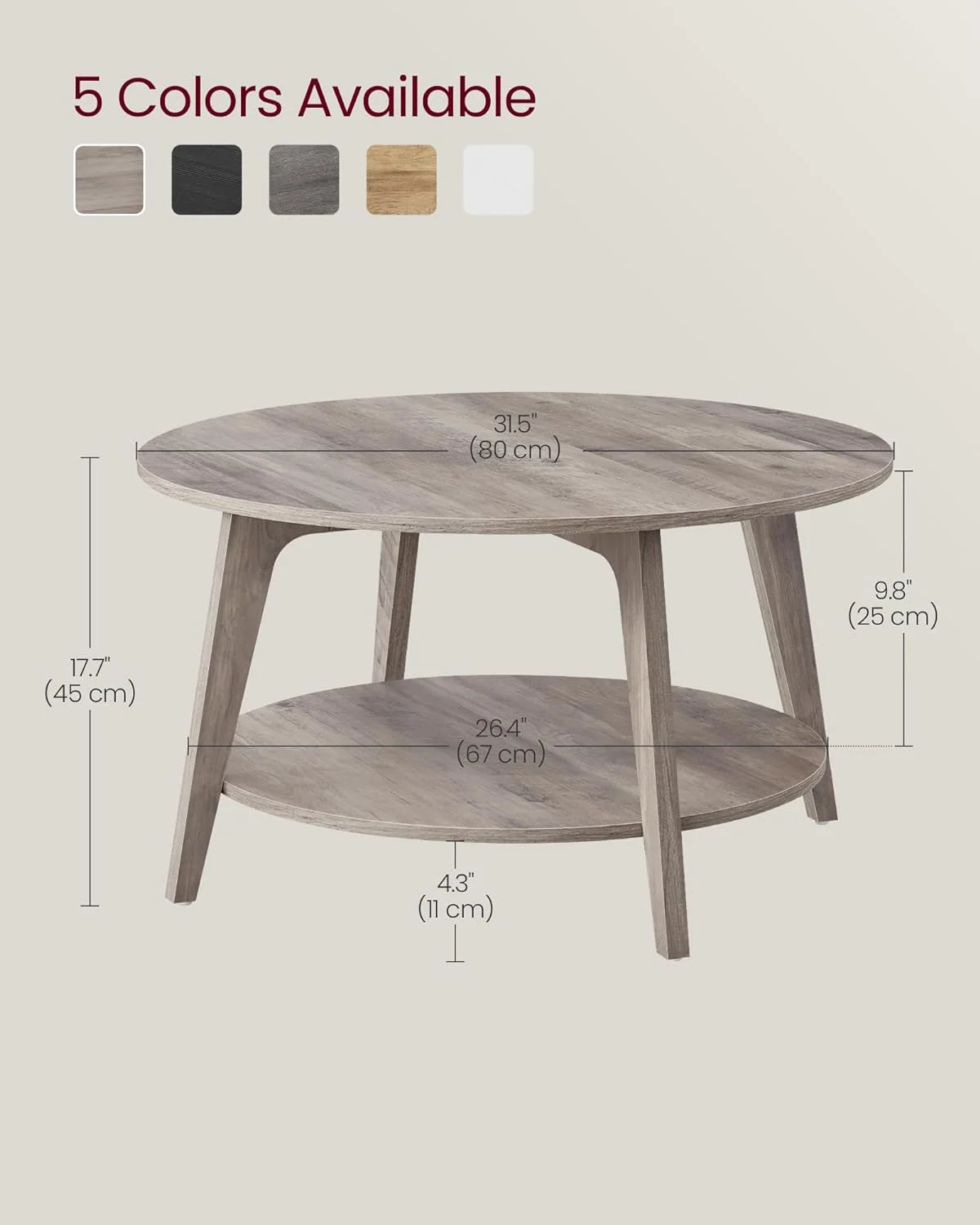 VASAGLE Round Coffee Table, 2 Tier Coffee Table with Storage, for Living Room, 31.5 x 17.7 Inches, Easy to Assemble, Honey Brown