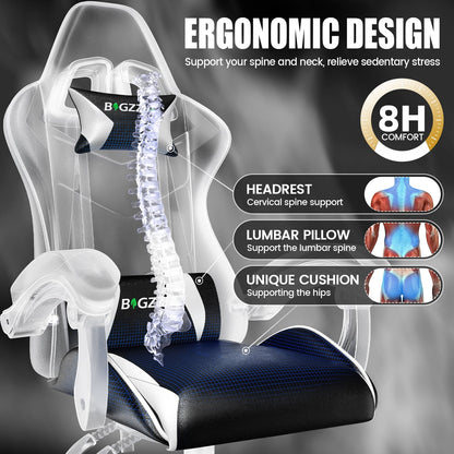 Bigzzia Gaming Chair Office Chair, Ergonomic Game Chair with Height Adjustable Headrest and Lumbar Support for Adults Teens, Black & White