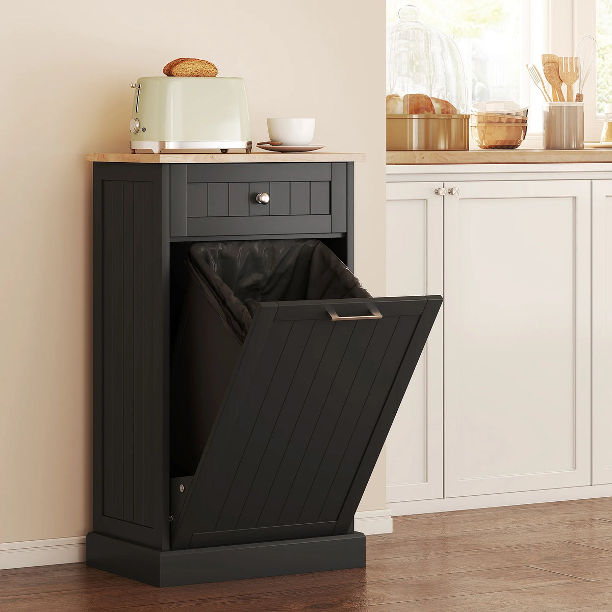 HOMCOM Kitchen Tilt Out Trash Bin Cabinet, Free Standing Recycling Cabinet