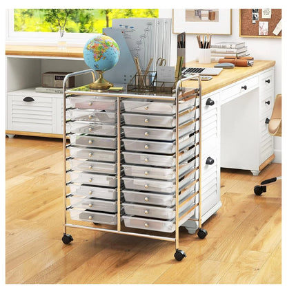 20 Drawers Storage Cart w/Rolling Wheels, Semi-Transparent Mobile Rolling Drawer Cart for School Classroom Office Home Salon, Files Scrapbook Craft Organizer, Utility Cart on Wheels (Clear)