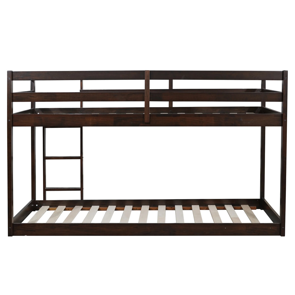 Twin Over Twin Floor Bunk Bed, UHOMEPRO Solid Wood Low Bunk Bed with Safety Rail, Ladder, Heavy Duty Bunk Beds, Space-Saving Bedroom Dorm Furniture, Gray