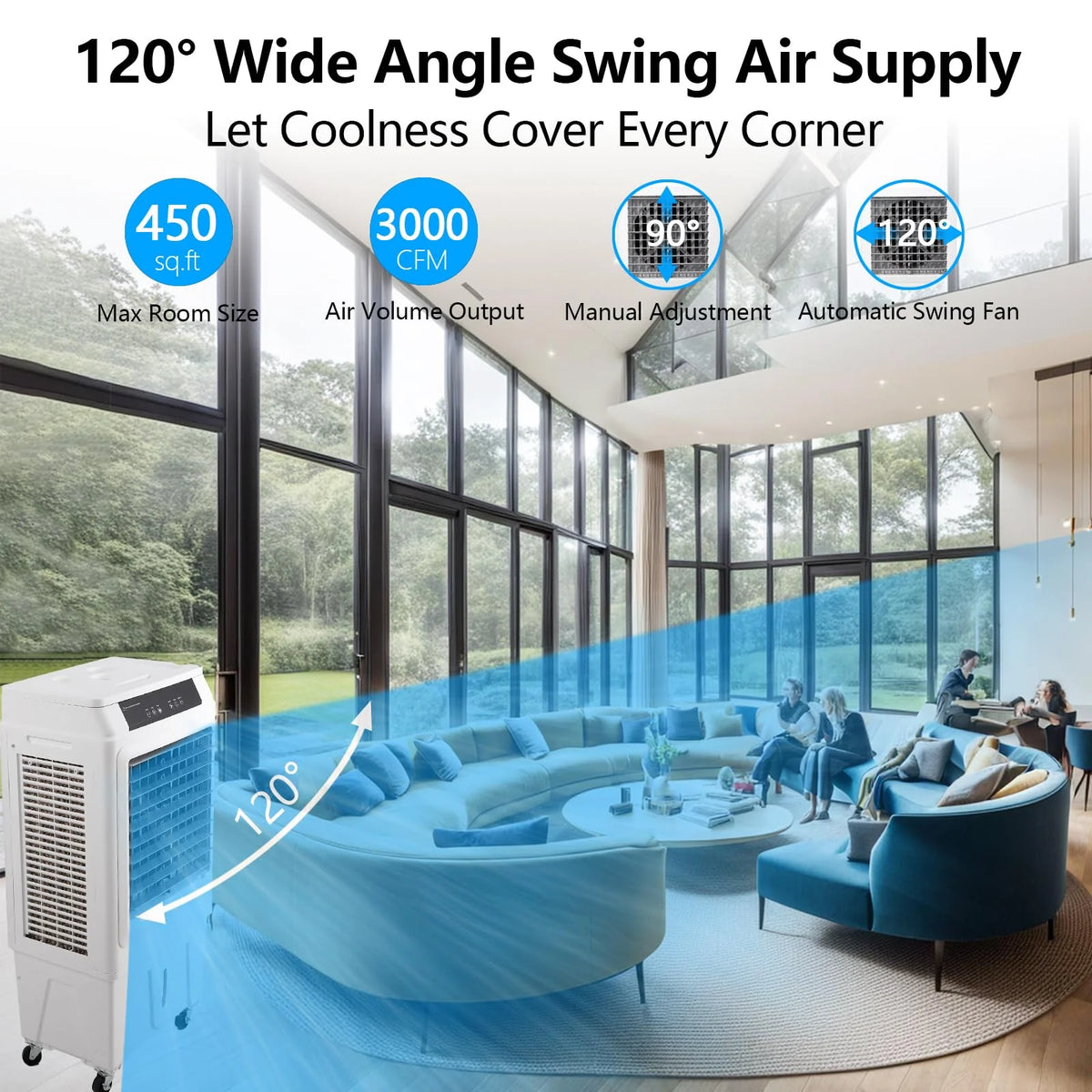 10.3 Gallon Evaporative Air Cooler,  3000CFM Swamp Cooler with Remote Control and 12H Timer, 4 Ice Packs, 3 Modes & Wind Speeds for Outdoor