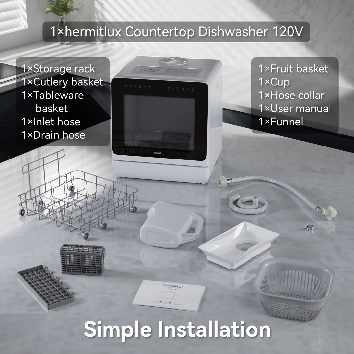 Hermitlux Portable Countertop Dishwasher, 5 Washing Programs, 5L Built-in Water Tank and Air-Dry Function, HMX-DW03