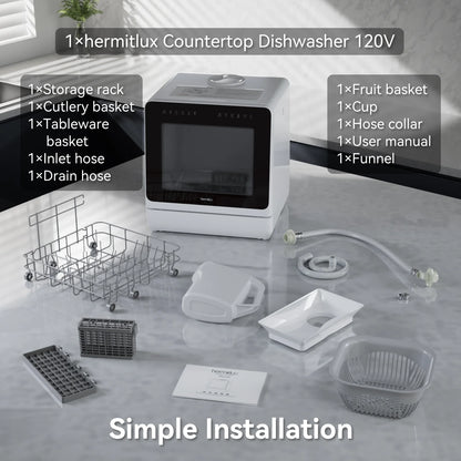 Hermitlux Portable Countertop Dishwasher, 5 Washing Programs, 5L Built-in Water Tank and Air-Dry Function, HMX-DW03