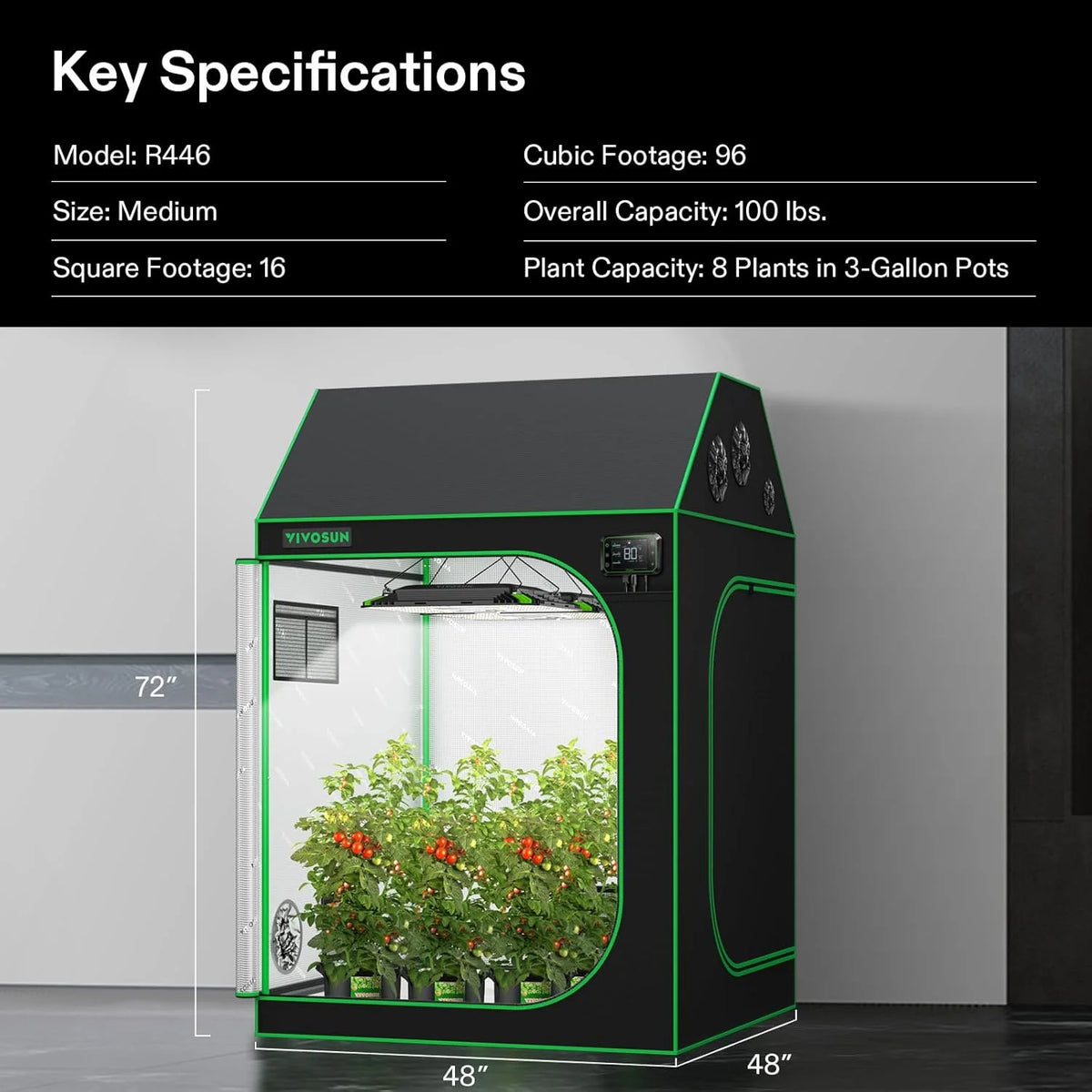 VIVOSUN R446 4x4 Grow Tent, 48"x48"x72" Roof Cube Tent with Observation Window and Floor Tray for Hydroponics Indoor Plant for VS4000/VSF4300