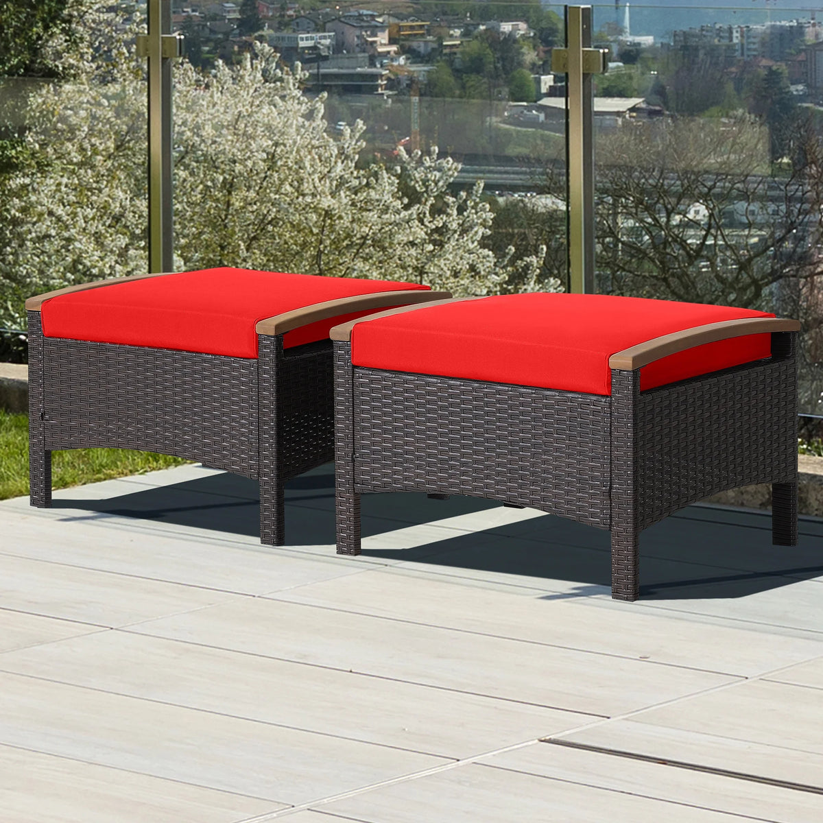 Costway Set of 2 Patio Rattan Ottoman Footrest Cushions Wooden Handle Beige