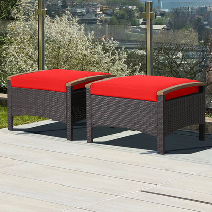 Costway Set of 2 Patio Rattan Ottoman Footrest Cushions Wooden Handle Beige