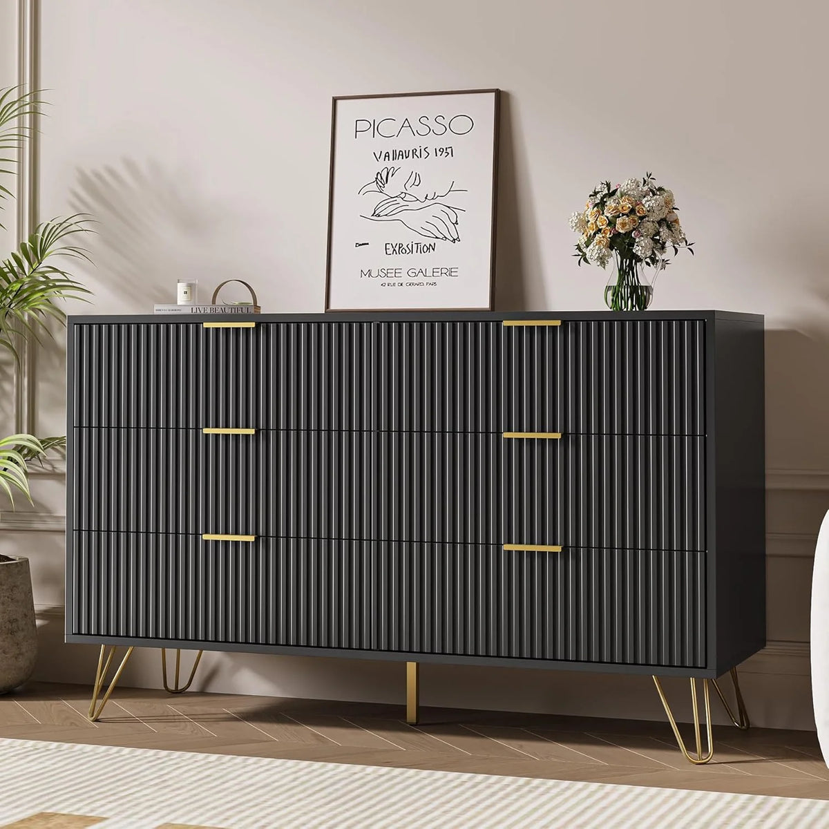 FURNIWAY White 6 Drawer Dresser for Bedroom, Modern Dresser with Gold Metal Handles,Fluted Wood TV Stand for Living Room, Hallway