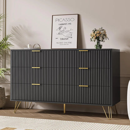 FURNIWAY White 6 Drawer Dresser for Bedroom, Modern Dresser with Gold Metal Handles,Fluted Wood TV Stand for Living Room, Hallway