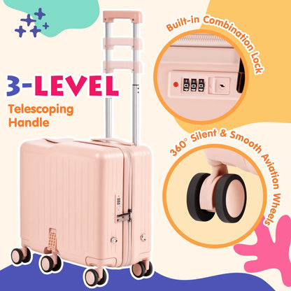 Advwin Ride-On Kids Luggage with Pull Strap, Footrests, Cup Holder, 6 Wheels & Adjustable Handle, 18-Inch Spinner Suitcase with Stickers & Boarding Pass, Pink
