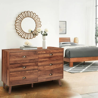 Polar Aurora Wood Dresser for Bedroom with 6 Drawers, Mid Century Modern Chests of Drawer with Metal Handles