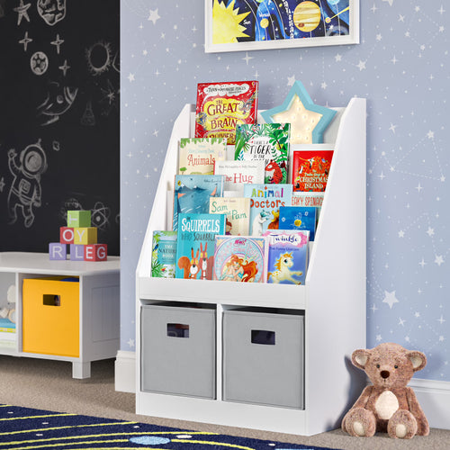 RiverRidge Kid Bookshelf Toy Storage Organizer with 4 Bookracks 2 Cubbies and 2 Gray Bins