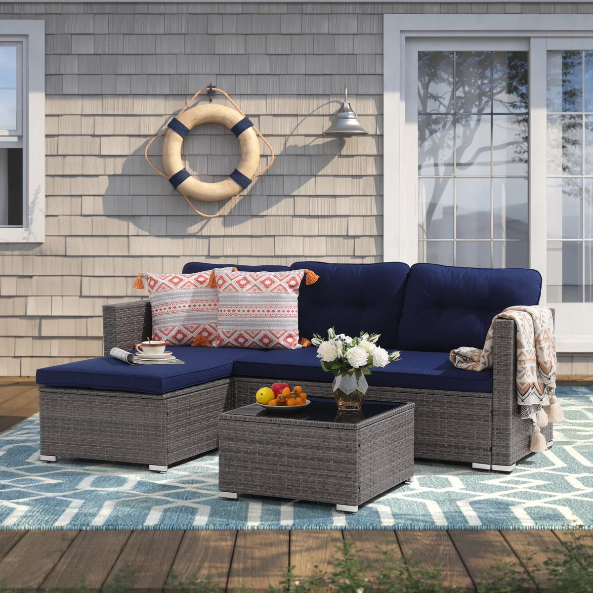 3 Piece Patio Furniture Sets,  Outdoor All-Weather Wicker Sectional Sofa Set, Beige