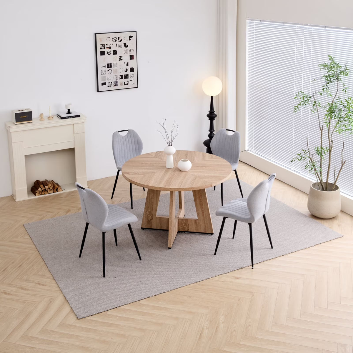 5 Piece 47'' Round Dining Table Chairs Set for 4, Farmhouse Gray Kitchen Table with 4 Boucle Mid Century Modern Dinning Room Chairs, Wood Dinner Table &Upholstered Chair Set of 4, Beige