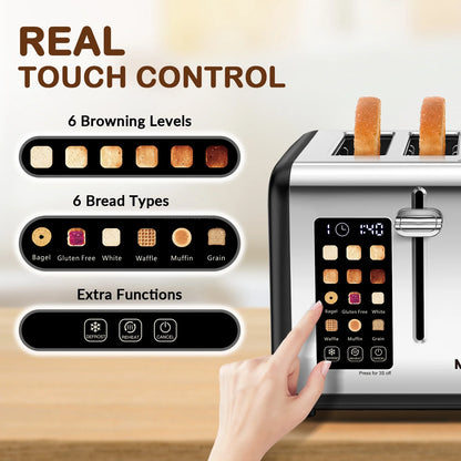 Mecity 4-Slice Touchscreen Toaster, Stainless Steel, 6 Browning Settings, Reheat, Cancel, Defrost, Removable Tray