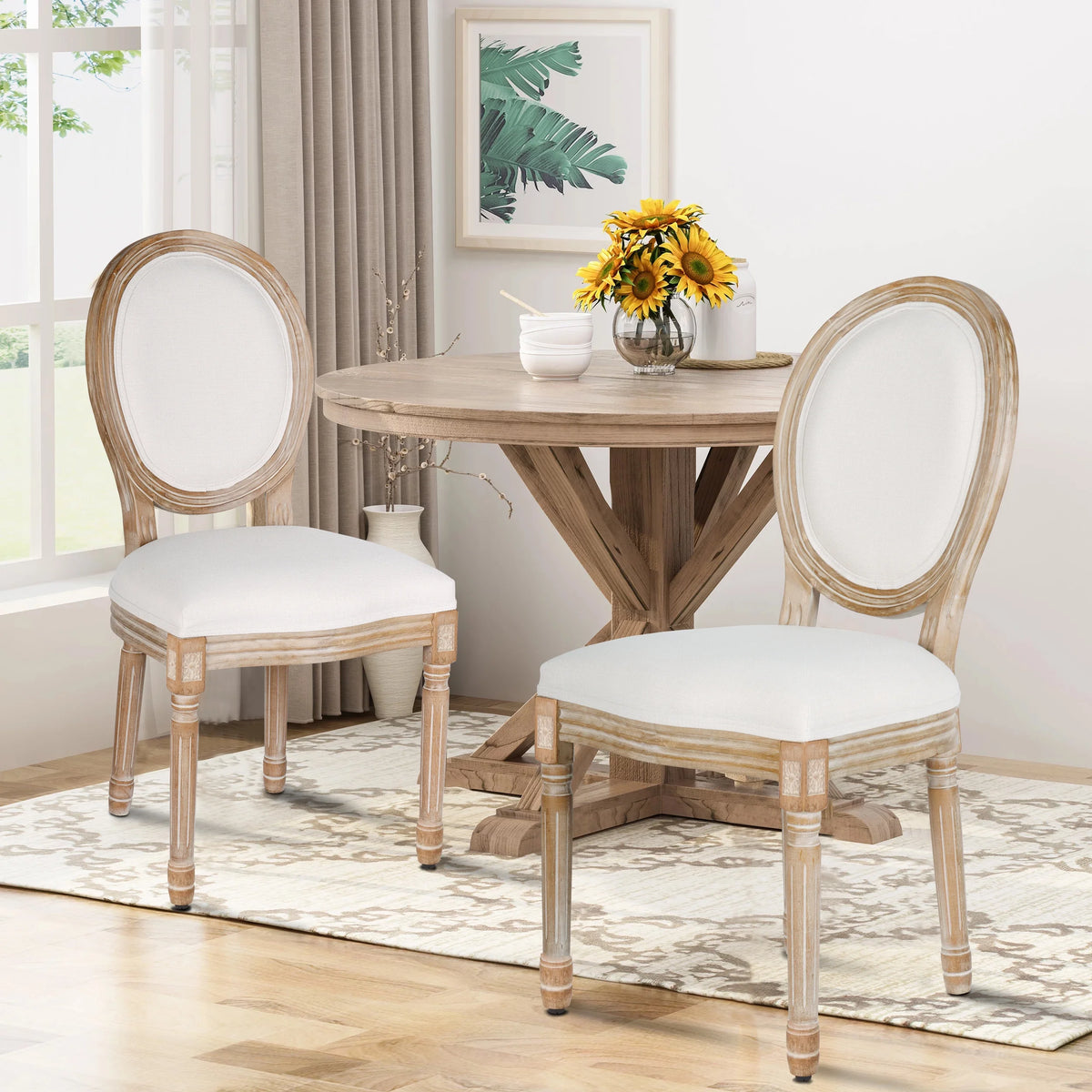 French Dining Chairs Set of 2 Beige Natural Fabric Round Back with Solid Wood Legs and Frame for Bedroom Dining Room Kitchen