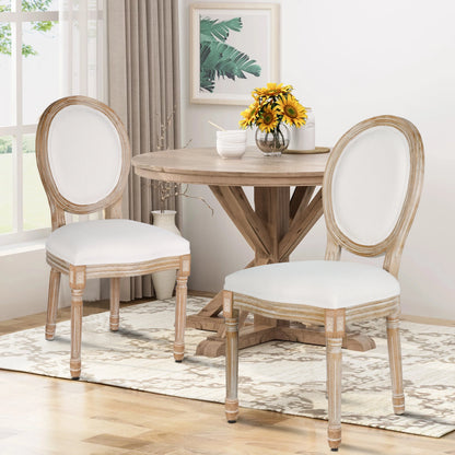 French Dining Chairs Set of 2 Beige Natural Fabric Round Back with Solid Wood Legs and Frame for Bedroom Dining Room Kitchen