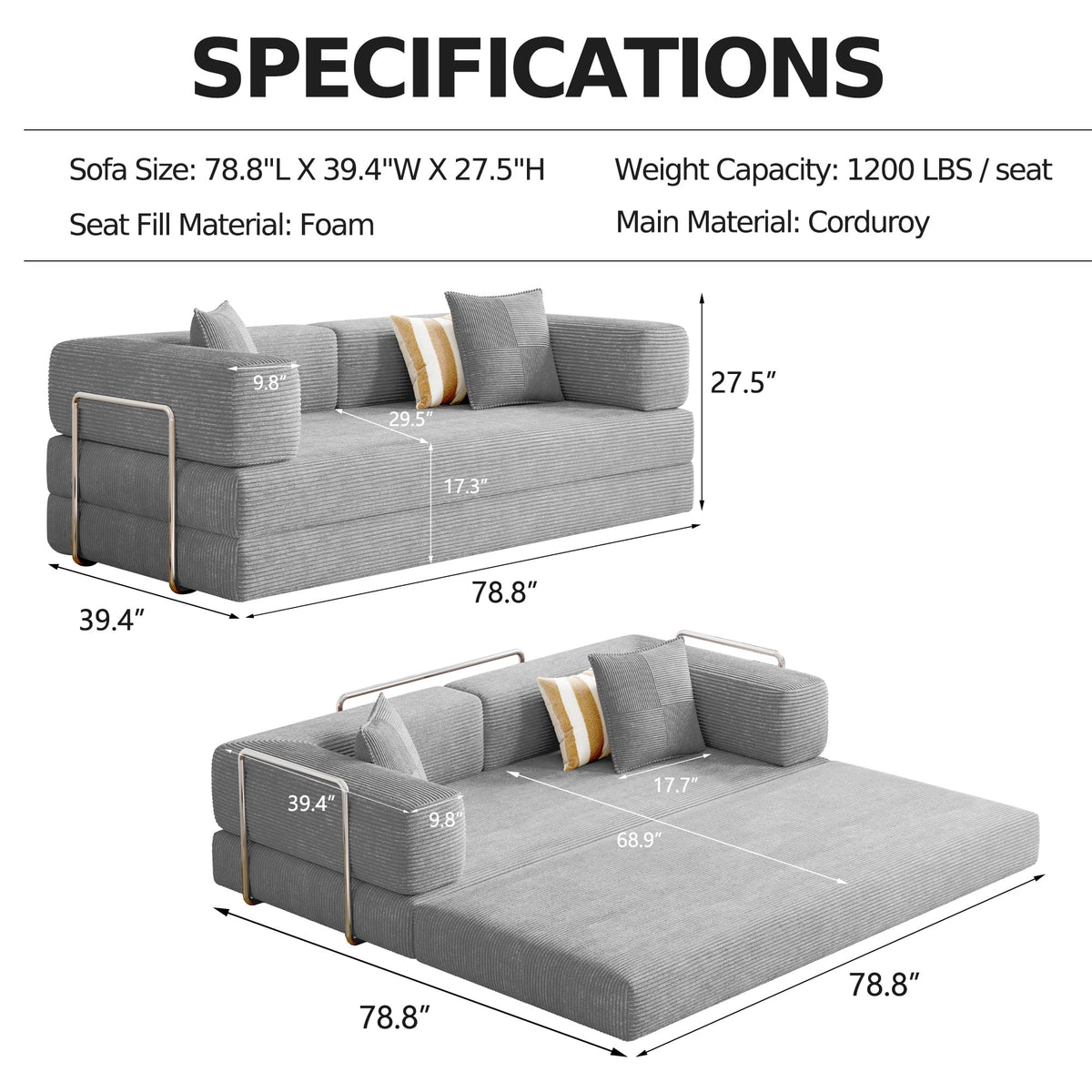 Convertible Sleeper Sofa Bed,Compressed Floor Boneless Couch,Modular Modern Corduroy Sofa for Living Room Bedroom -with Fixed-Shape Frame and Support Armrest,Easy Assembly(Green)