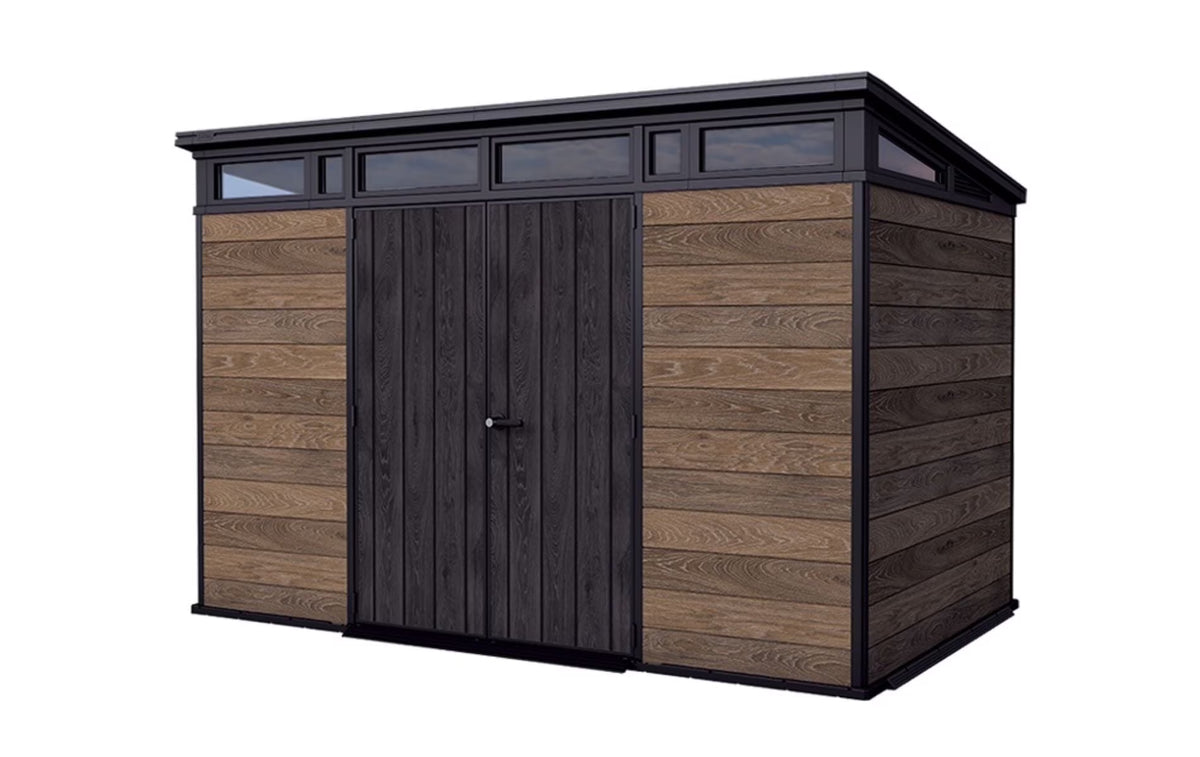 Keter Signature 11x7 ft. Durable Resin Outdoor Storage Shed With Heavy Duty Floor and Locking Door, Walnut