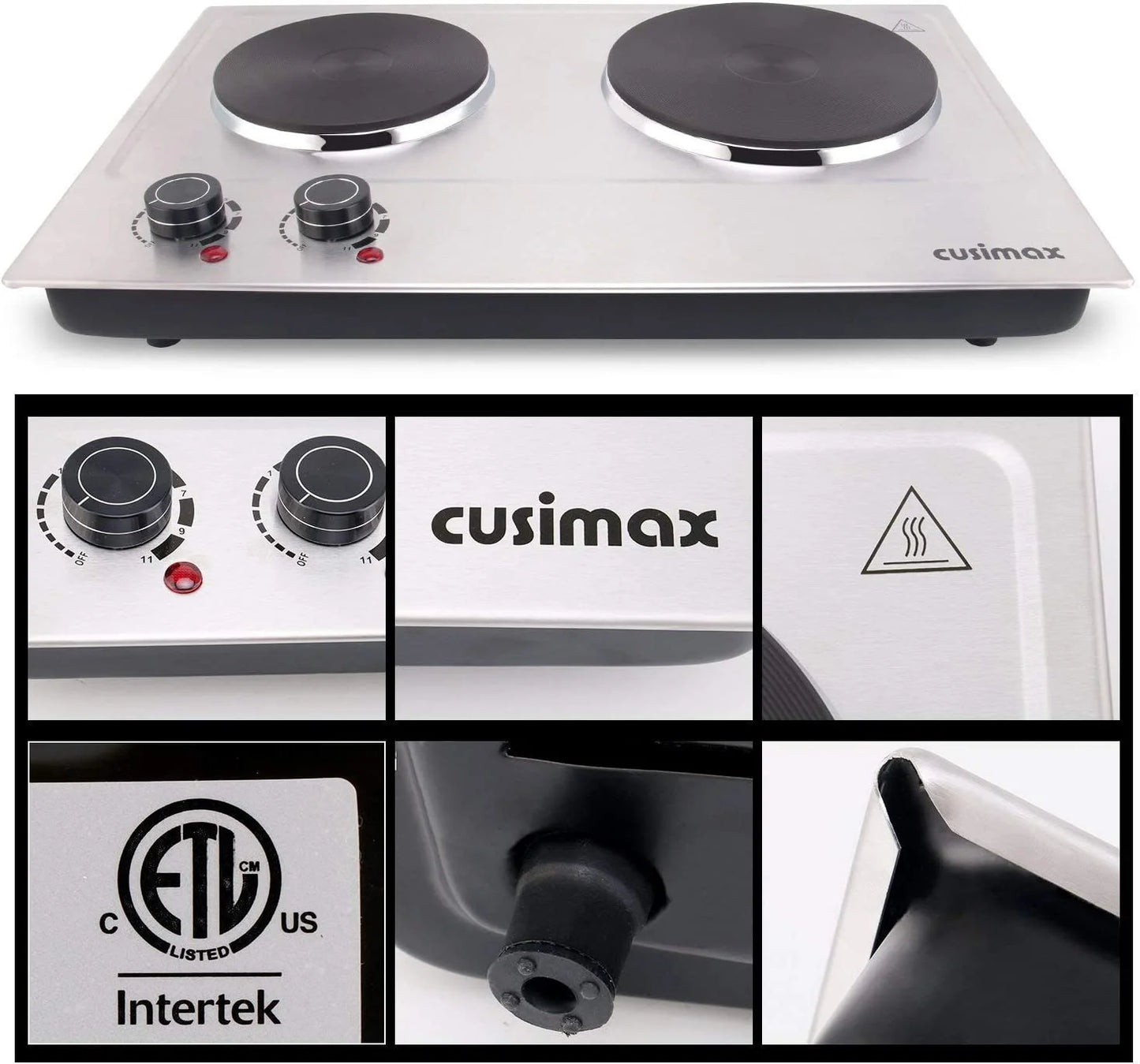 CUSIMAX 1800W Portable Double Burner Hot Plate �?Stainless Steel Countertop Electric Cooktop with Dual Cast Iron Heating Plates, Easy-to-Clean Silver Design, Upgraded Version