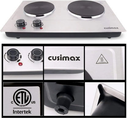 CUSIMAX 1800W Portable Double Burner Hot Plate �?Stainless Steel Countertop Electric Cooktop with Dual Cast Iron Heating Plates, Easy-to-Clean Silver Design, Upgraded Version