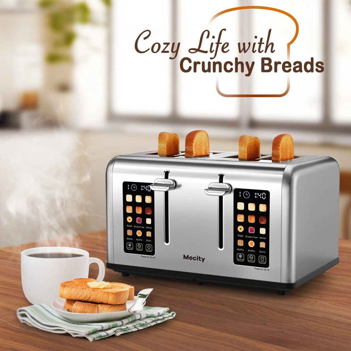 Mecity 4-Slice Touchscreen Toaster, Stainless Steel, 6 Browning Settings, Reheat, Cancel, Defrost, Removable Tray