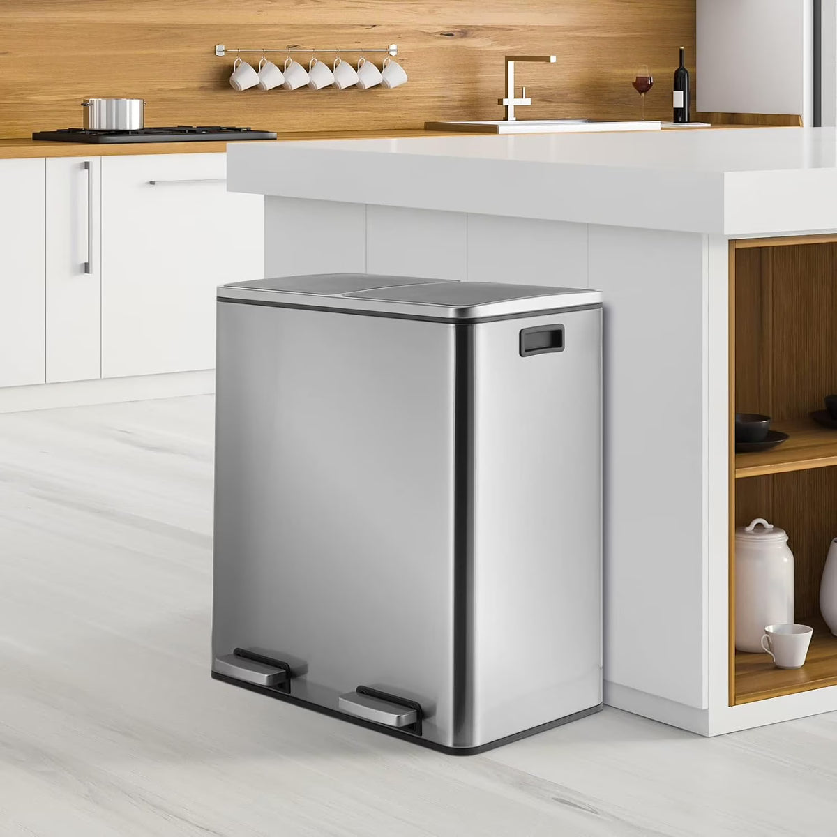 Arlopu 60 L/16 gal Dual Trash Can, Stainless Steel Garbage Can for Kitchen, Recycle Bin with Lid