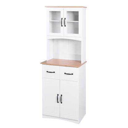 Clearance! Wooden Kitchen Cabinet White Pantry Room Storage Microwave Cabinet with Framed Glass Doors and Drawer
