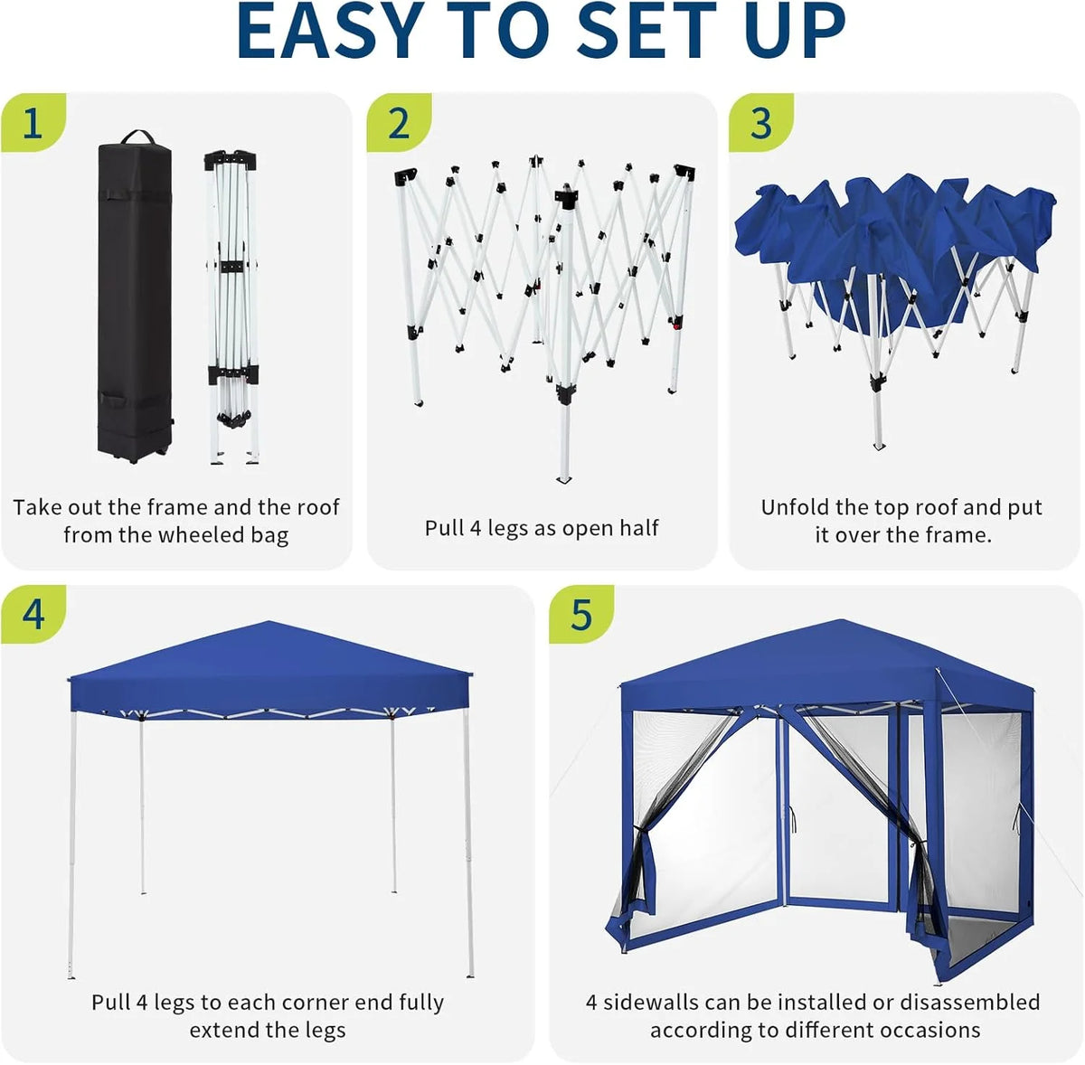 Instant Pop-Up Canopy Tent with Removable Mosquito Net & 2 Zipper Doors, 90-Second Setup, UV50+/Waterproof, 64-100 Sq Ft Shade, Wheeled Carry Bag for Camping, Backyard, Picnic