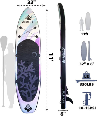AISUNSS Inflatable Stand Up Paddle Board, 11ft Fishing Paddle Board with SUP Accessories