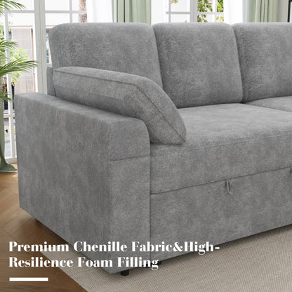 VANACC Sofa Bed, Adult Sleeper Sofa with Storage Chaise, Pull Out Couch for Bed Room, Gray Chenille
