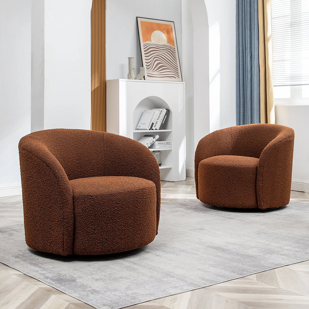 34" W Mid Century Modern Swivel Barrel Chair, Round Upholstered Boucle Swivel Accent Chairs, No Assembly Sofa Chair for Living Room Bedroom Reading Apartment Lounge Nursery(Cream)