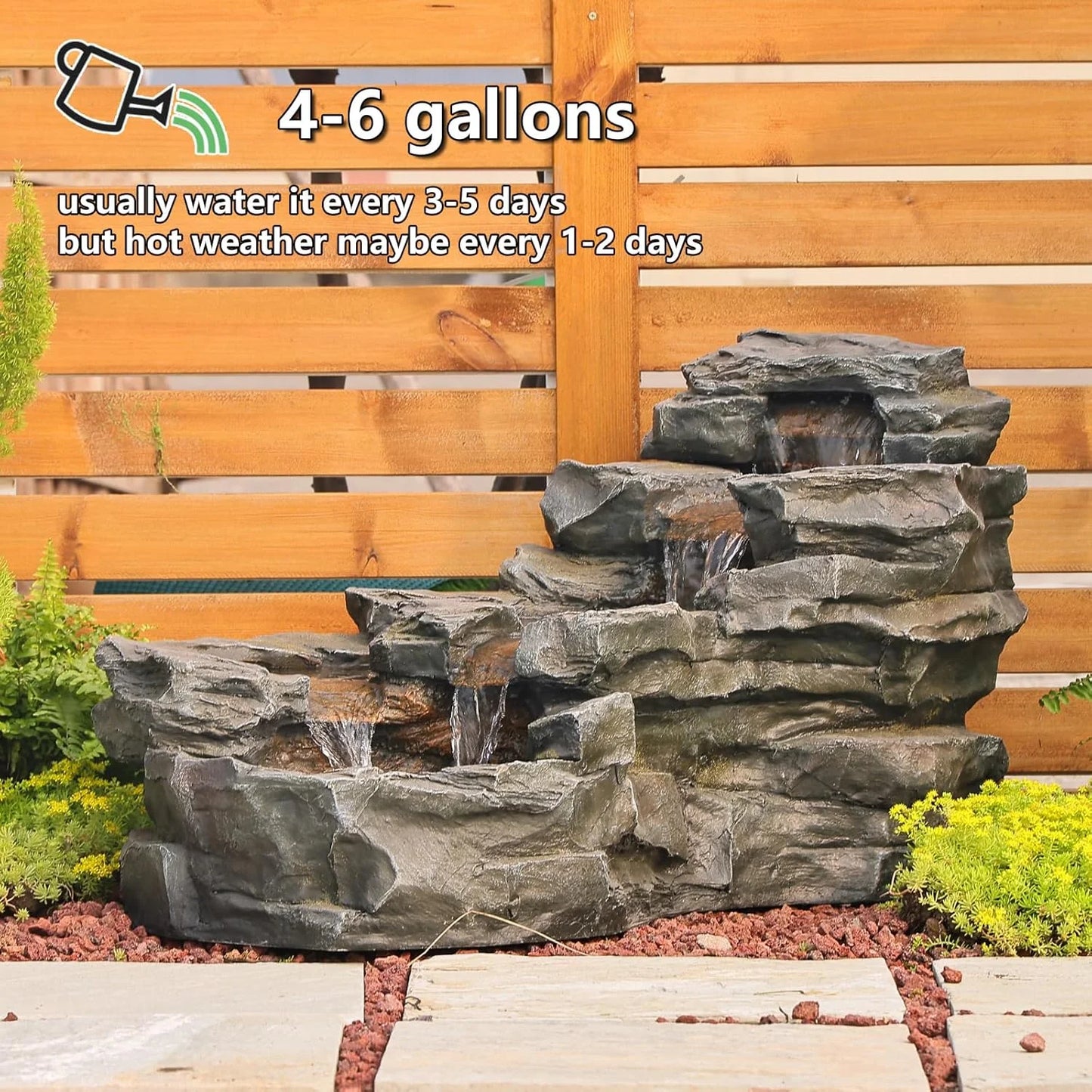 Outdoor Water Fountain Floor Standing Tiers Rock Natural Waterfall Outdoor Fountains with LED Lights for Garden, Patio, Porch